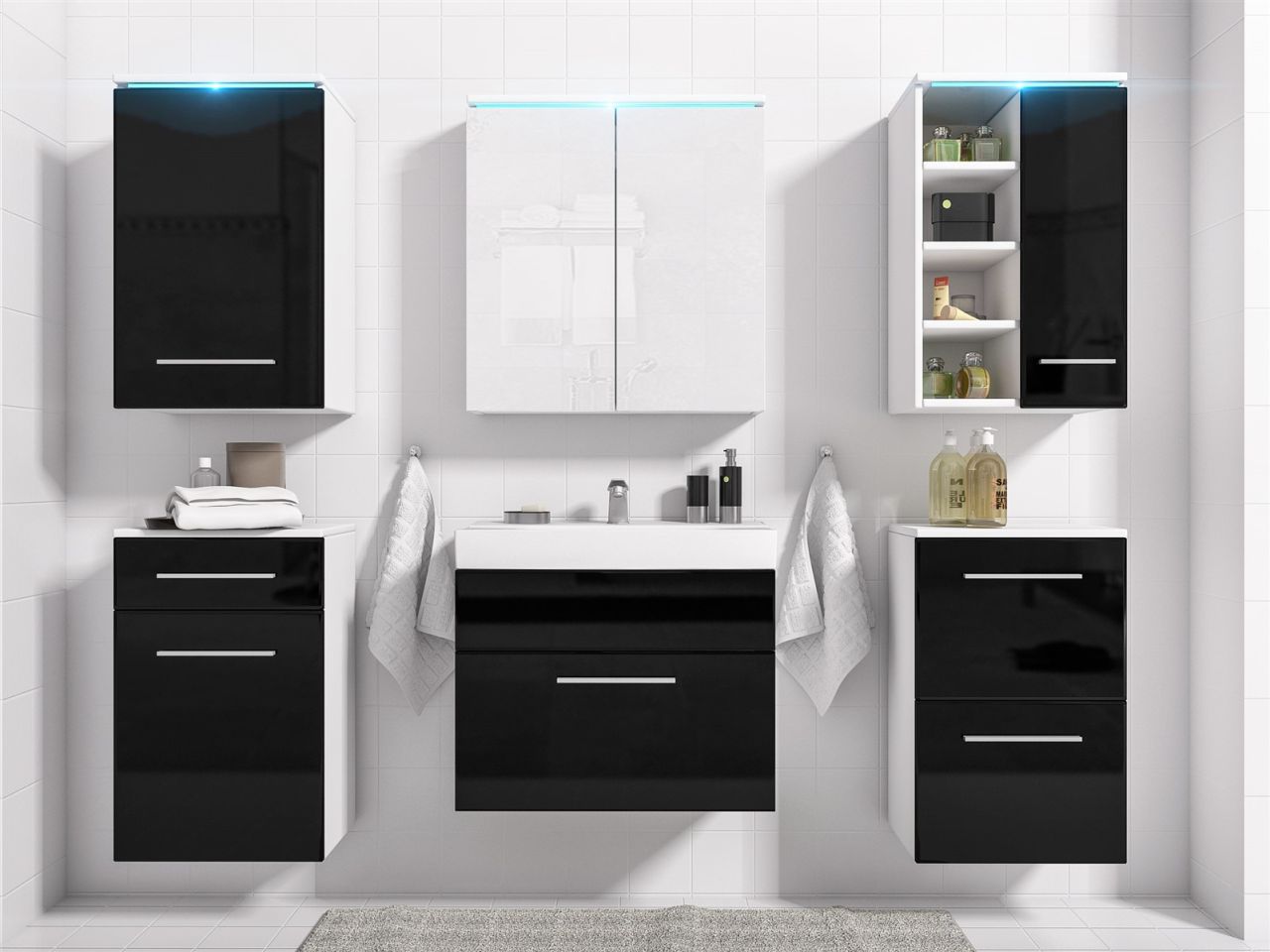 Badmöbel Set 7-Tlg Weiss / Schwarz HGL MAXI inkl.Waschtisch