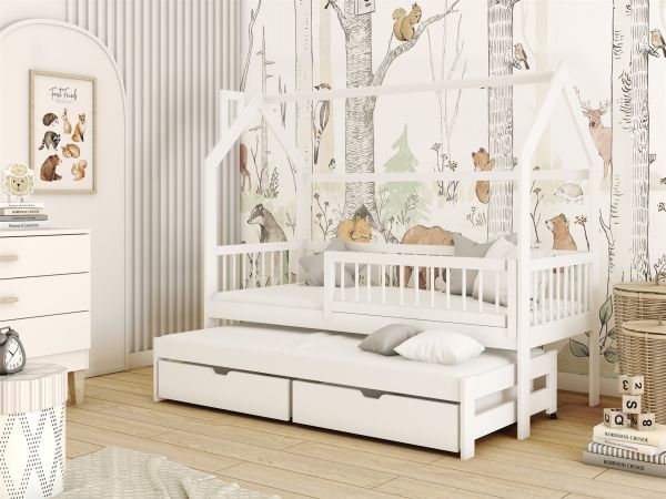 Hausbett Kinderbett MARCY 200x90cm Kiefer Massiv Weiß inkl. Zusatzbett | Kinder / Hausbetten | Betten