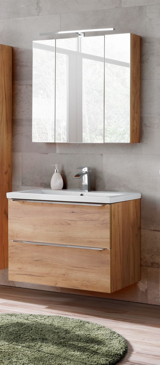 Badmöbel Set 3-tlg Badezimmerset PERUGIA Eiche inkl. Waschbecken 80cm