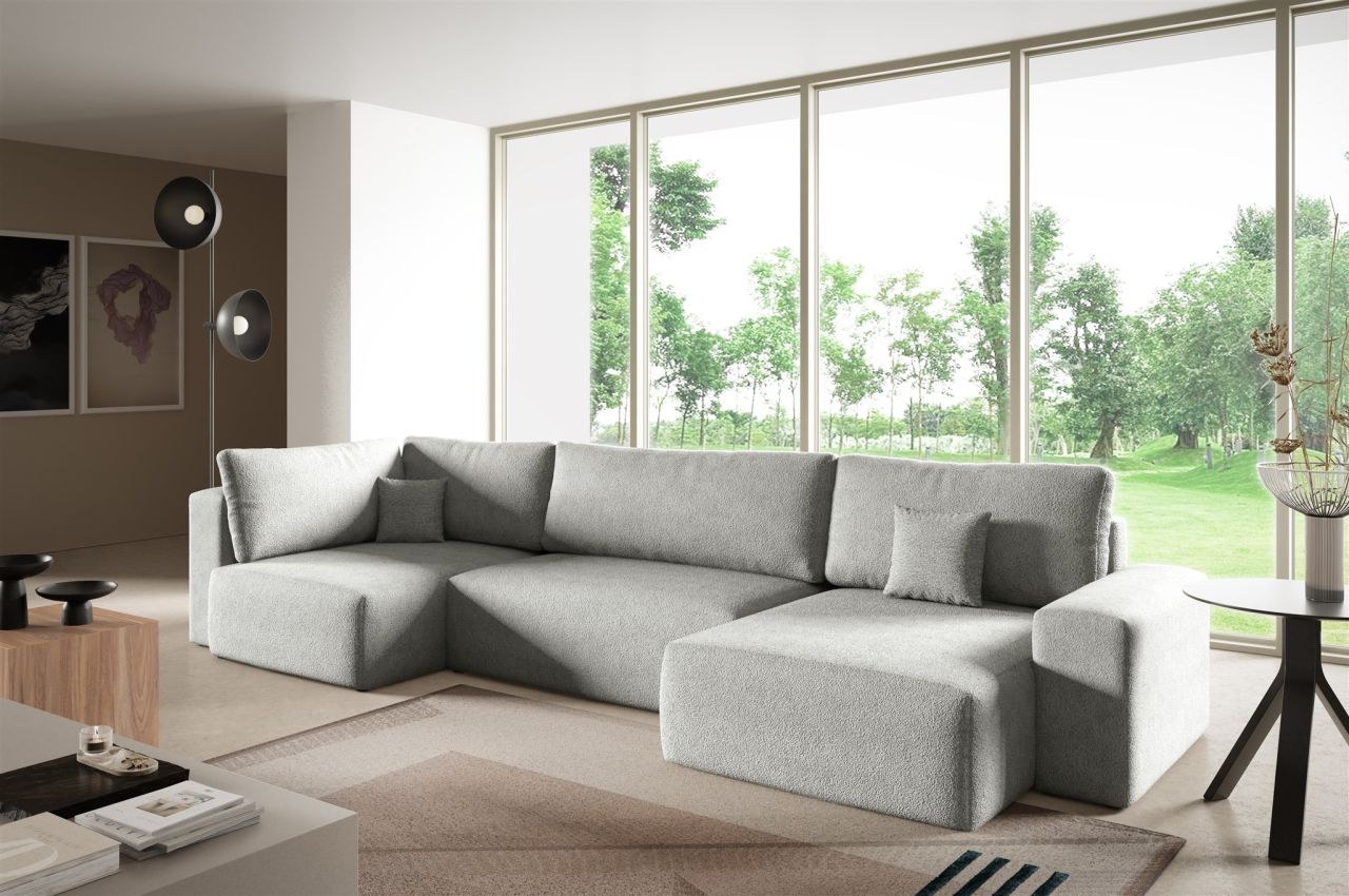 Wohnlandschaft mit Schlaffunktion ARONA XL Stoff Centaur Hellgrau Ottomane Re...