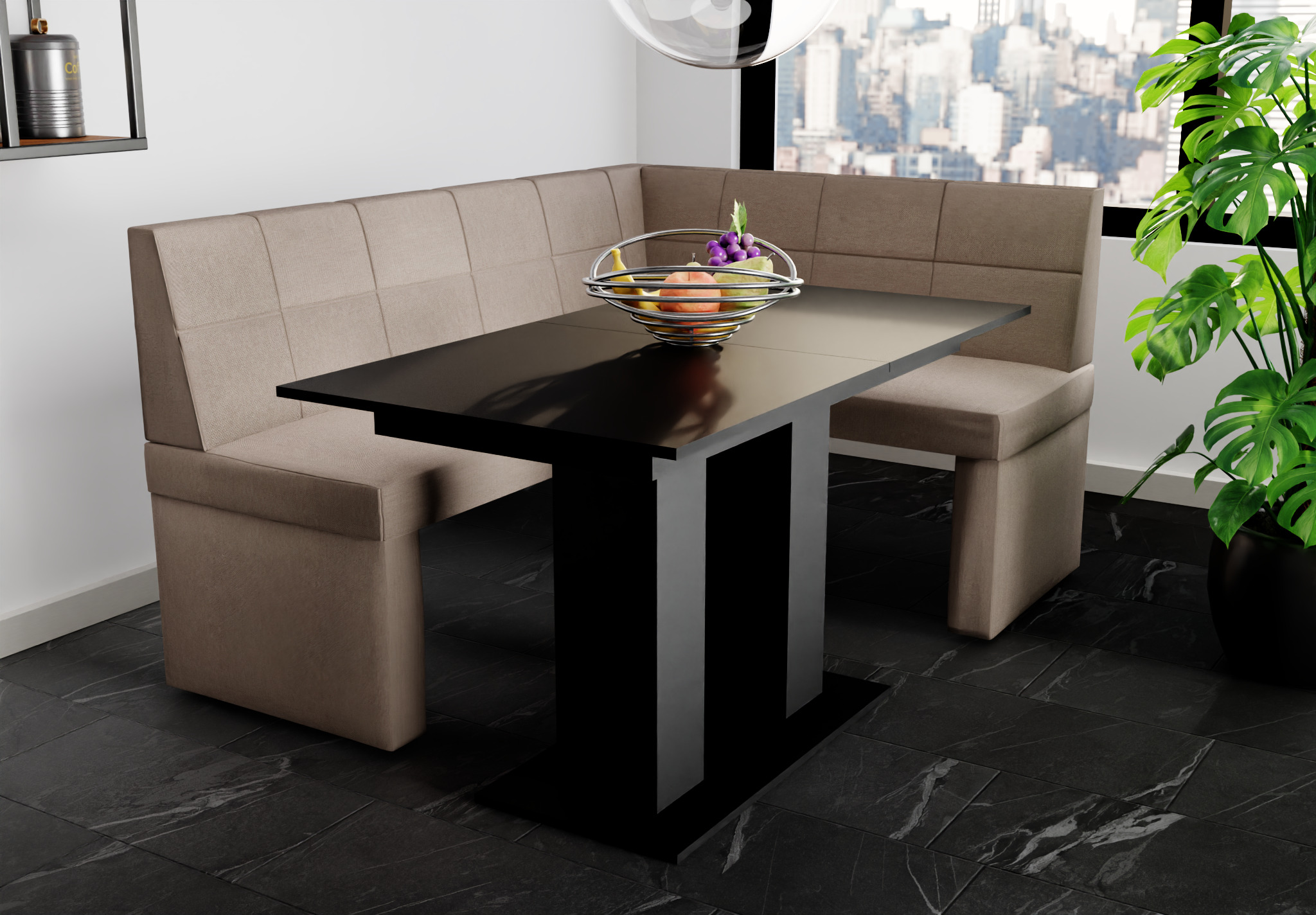 Eckbankgruppe 196x142 cm BLAKE XL L Stoff Soro Taupe / Esstisch DANTE Schwarz