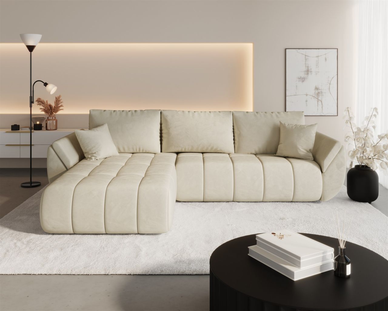 Ecksofa Schlafsofa MISATO Stoff Monolith Creme Ottomane Links