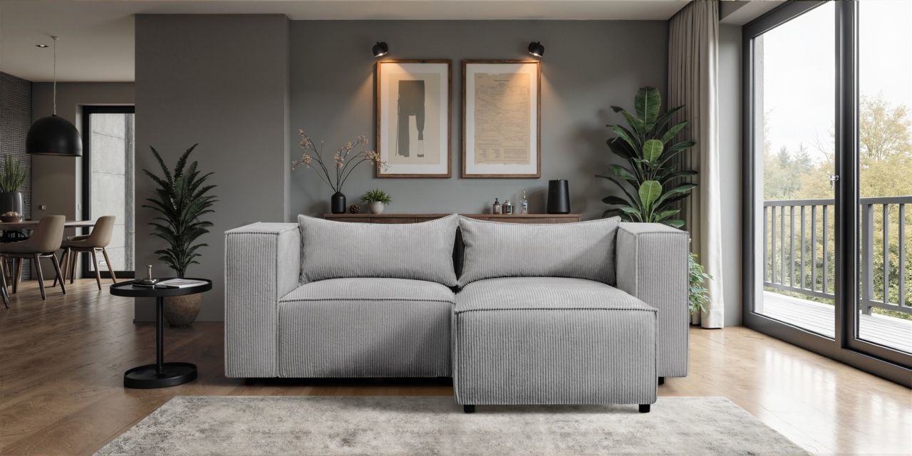 Ecksofa ersofa NEVIO XS in Stoff Lincoln Grau Ottomane Rechts