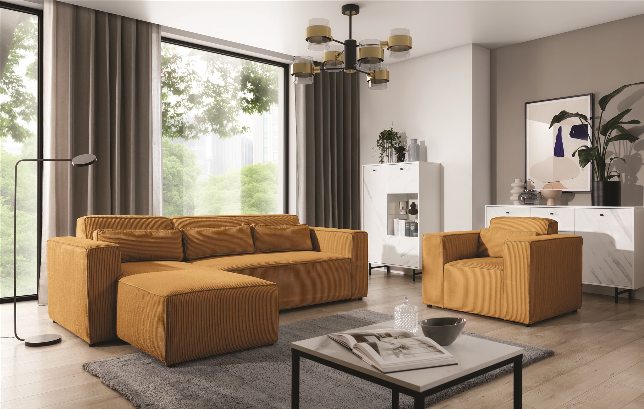 Ecksofa Schlafsofa inkl. Sessel WALDO Stoff Poso Senfgelb Ottomane Links | Couchgarnituren | Polstermöbel