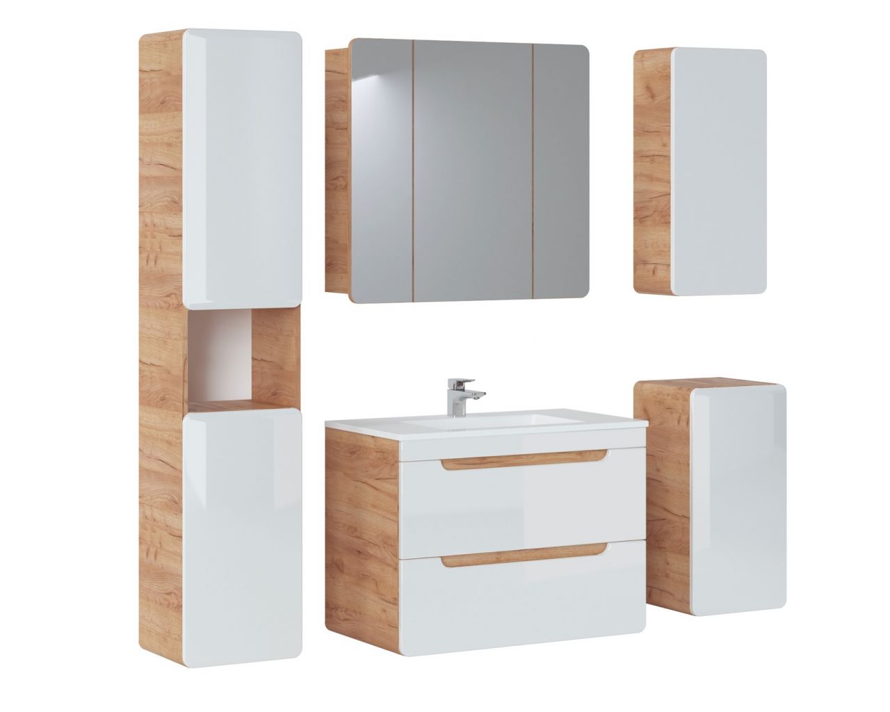 Badmöbel Set 5-tlg Badezimmerset FERMO Weiss HGL inkl.Waschtisch 80cm