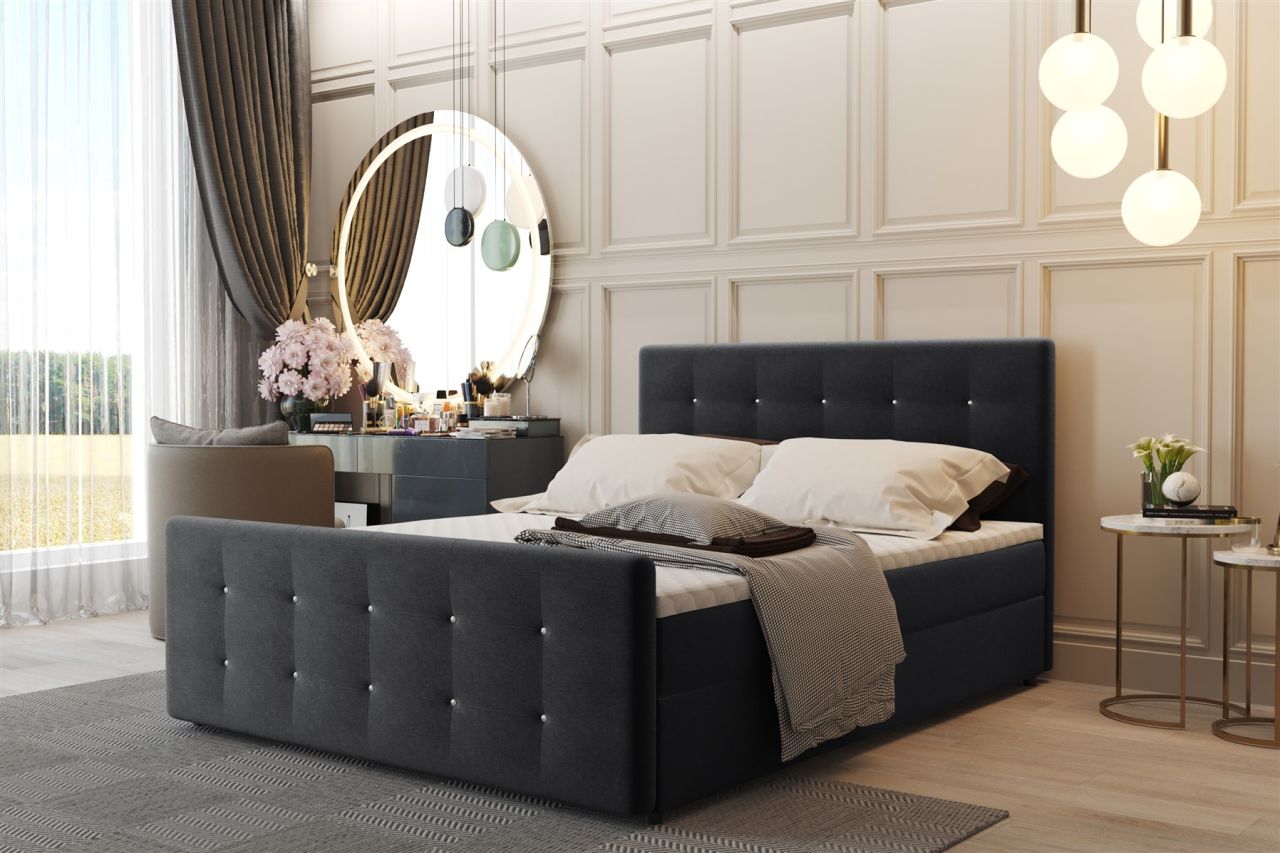 Boxspringbett Schlafzimmerbett CARLOS 140x200cm Stoff Soro Schwarz inkl.Bettk...