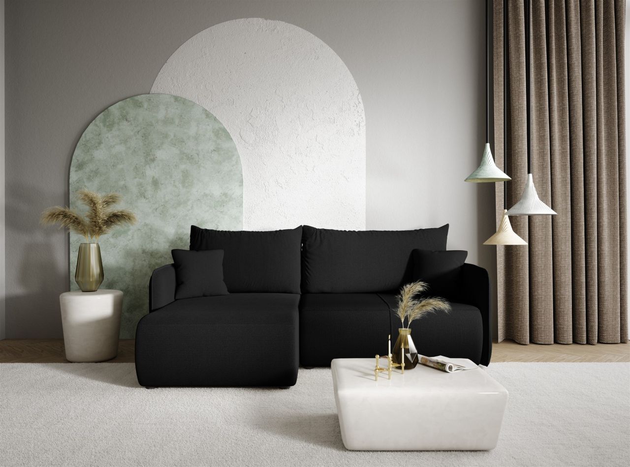 Ecksofa Sofa mit Schlaffunktion CALGARY Stoff Curio Schwarz Ottomane Links