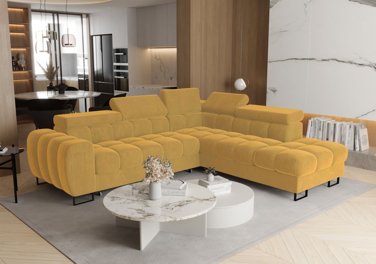 Ecksofa Schlafsofa BASTIEN MAX in Stoff Terra Honiggelb Ottomane Rechts