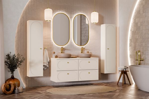 Badmöbel Set 6-tlg Badezimmerset KONA Cashmere Sand Beige ohne Waschtisch | Badmöbel-Sets | Badmöbel