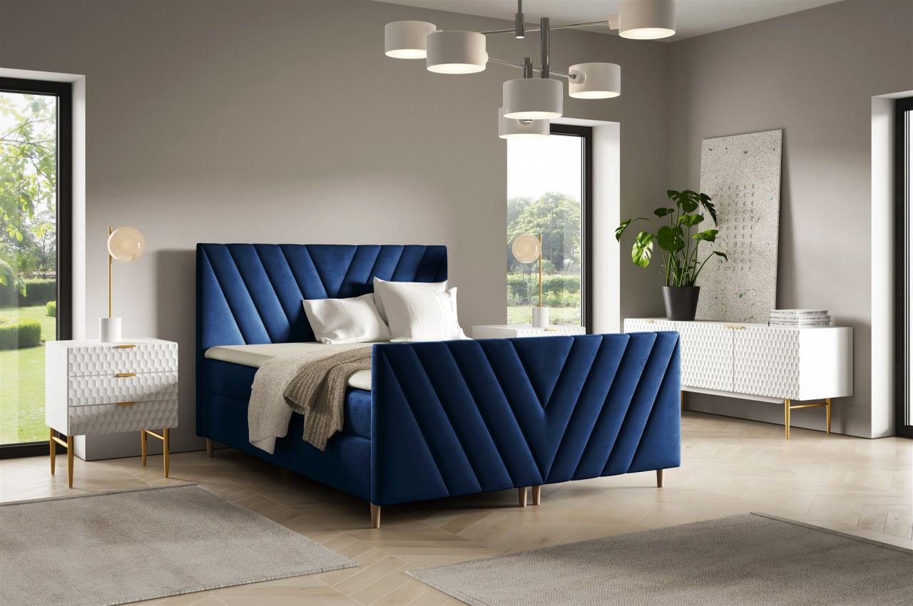 Boxspringbett Schlafzimmerbett CARLITO 140x200cm in Stoff Fresh Dunkelblau