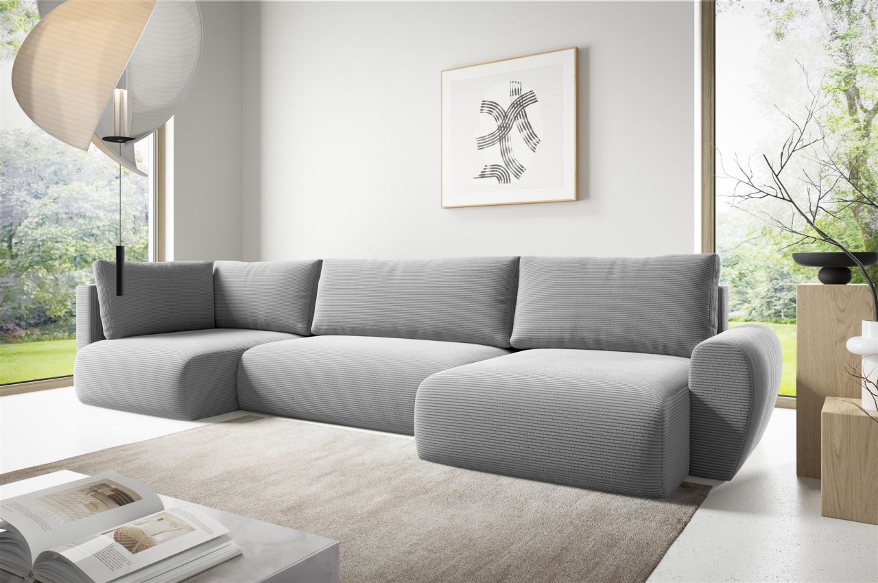 Fun Möbel Wohnlandschaft Schlafsofa Galan Stoff Poso Hellgrau Ottomane Rechts
