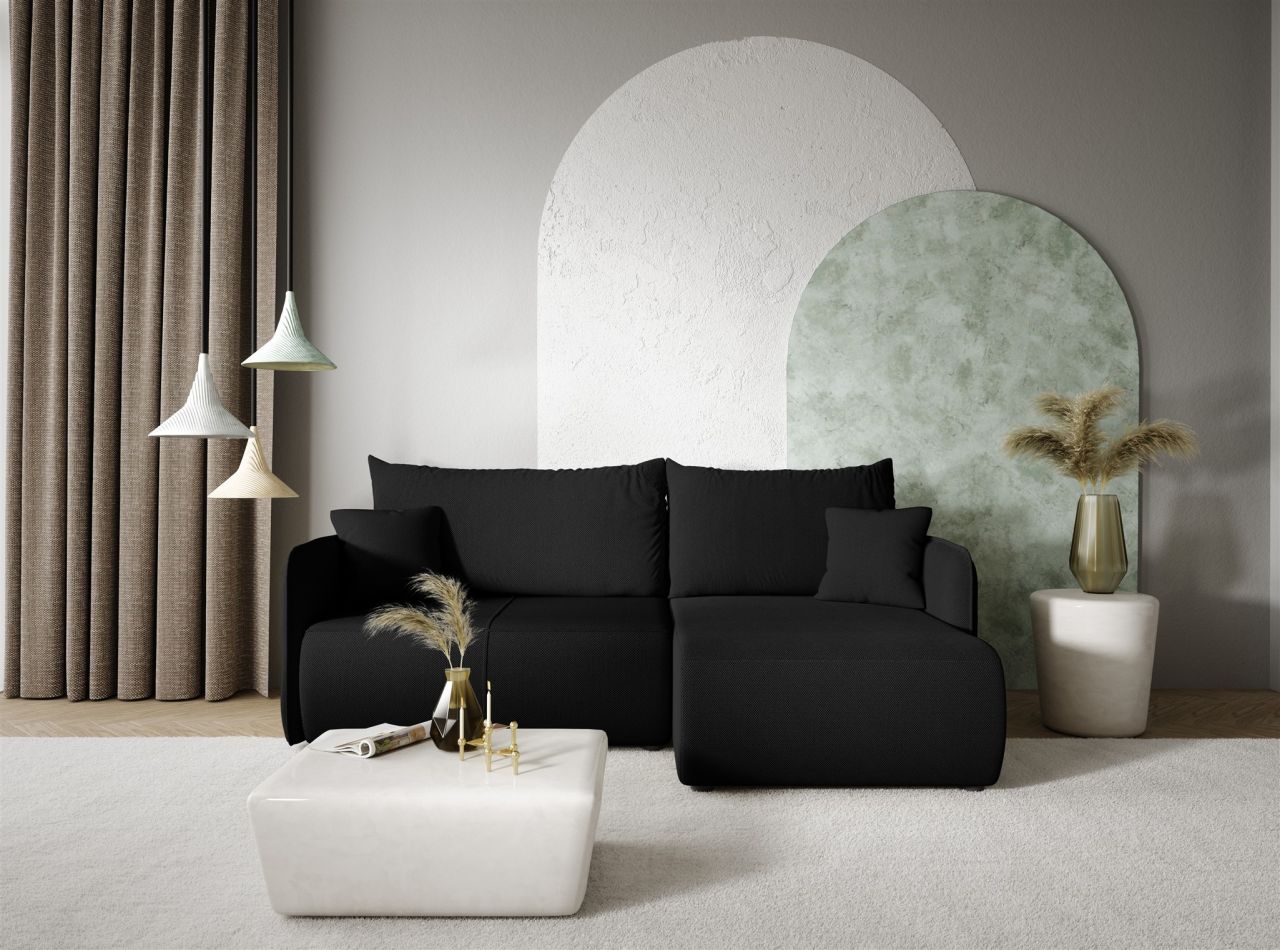 Ecksofa Sofa mit Schlaffunktion CALGARY Stoff Curio Schwarz Ottomane Rechts