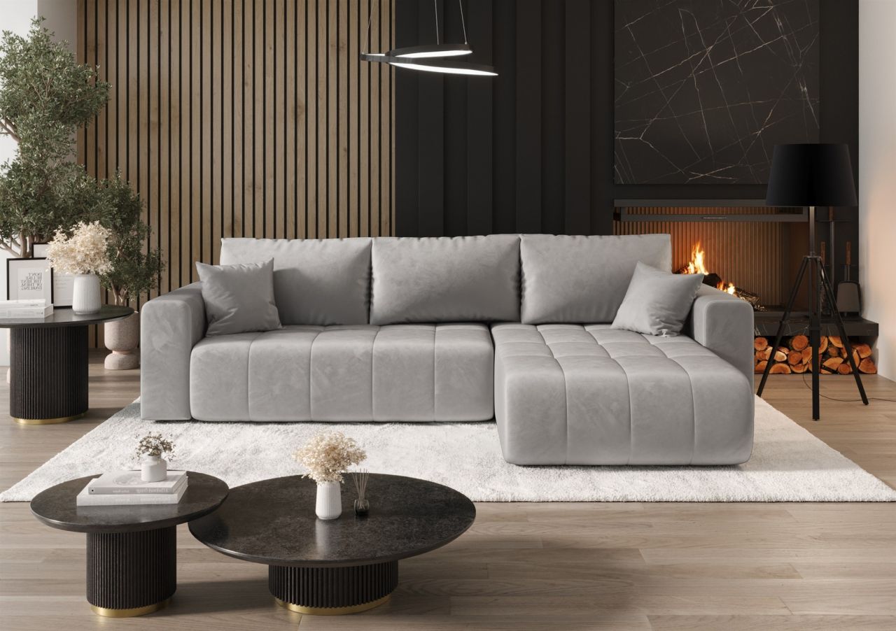 OUTLET Ecksofa Schlafsofa CAMILA Stoff Monolith Hellgrau Ottomane Rechts