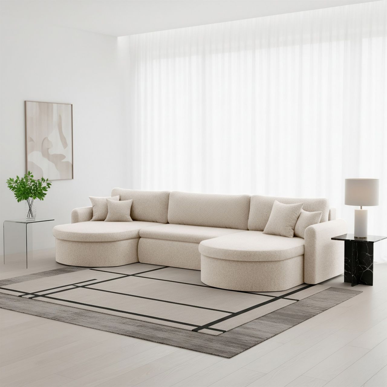 Wohnlandschaft Sofa mit Schlaffunktion FELIZ Stoff Quelle Creme