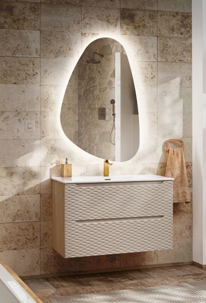 Badmöbel Set 2-tlg Badezimmerset LAXY Eiche Beige Schrank 80cm inkl. Waschtisch | LAXY | Badkombination / Modern | Badmöbel
