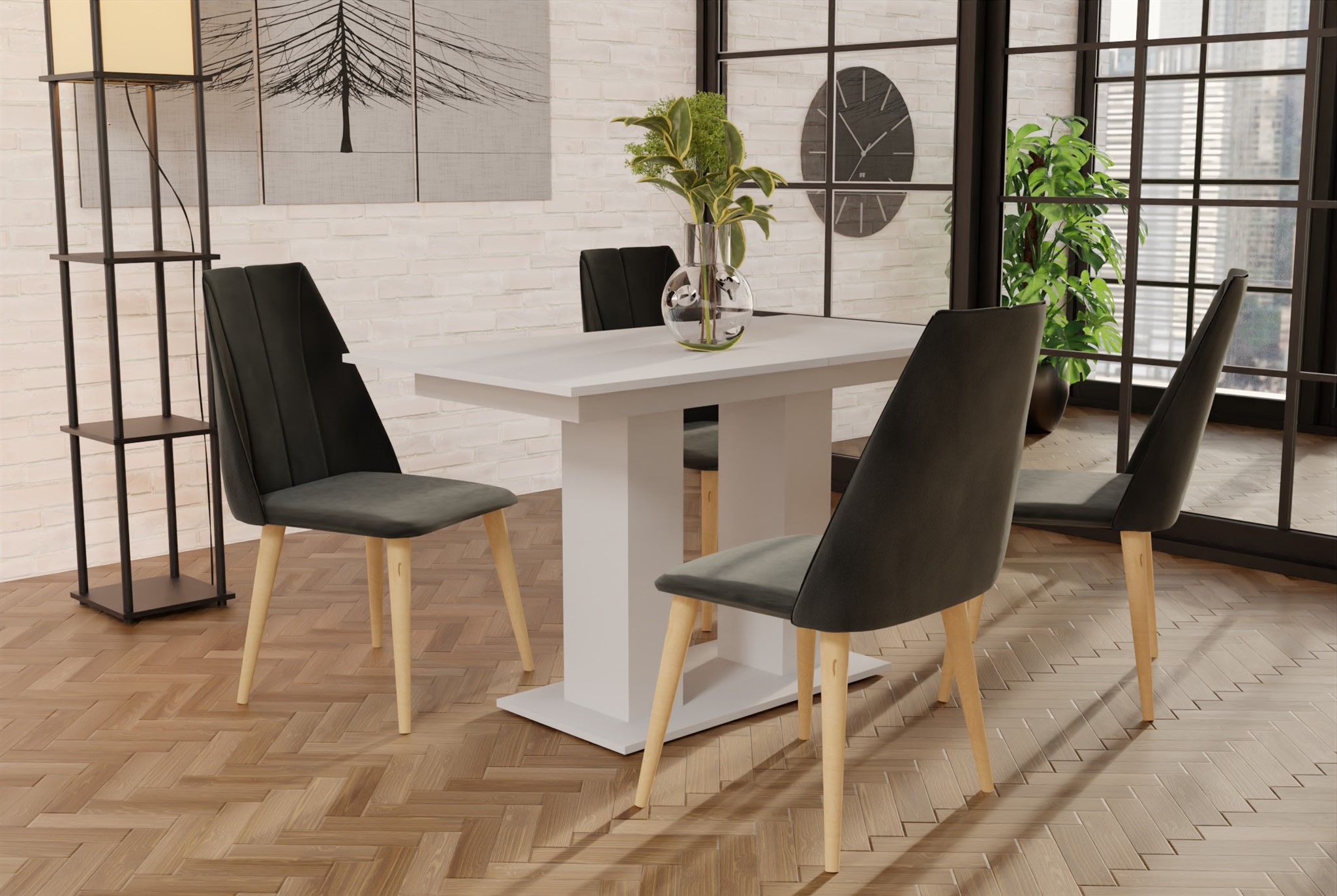 Essgruppe Weiss matt-Tisch mit 4 Dunkelgrau CAROS Stühlen für Esszimmer oder Küche | Esstisch mit Stühlen | Essgruppen | Wohn-& Essbereich