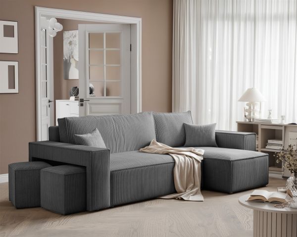 Ecksofa Schlafsofa Sofa ADARA inkl. Hocker Stoff Poso Grau Ottomane Rechts | Ottomane: Rechts | Ecksofas mit Schlaffunktion | Polstermöbel