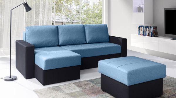 Ecksofa Schlafsofa LABRI inkl.Hocker Schwarz / Hellblau Ottomane Links