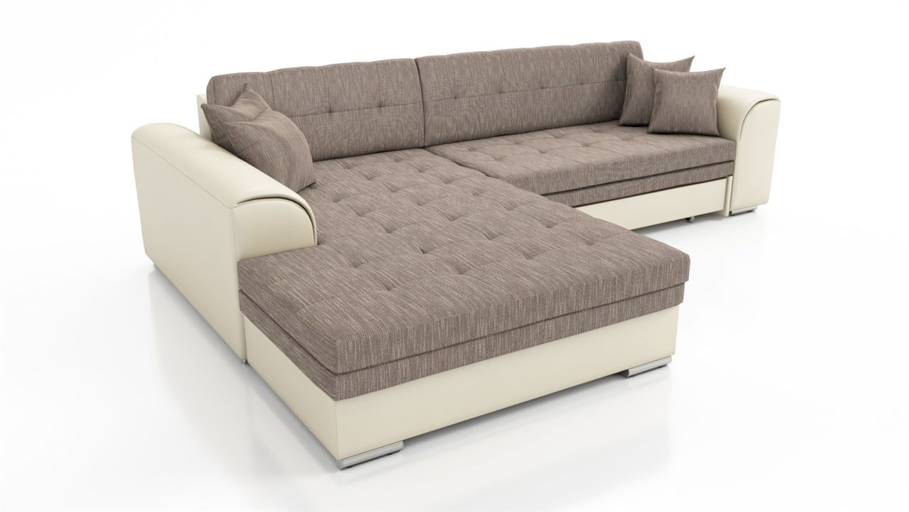 Couchgarnitur SARRA Beige- Braun mit Schlaffunktion Ottomane Links