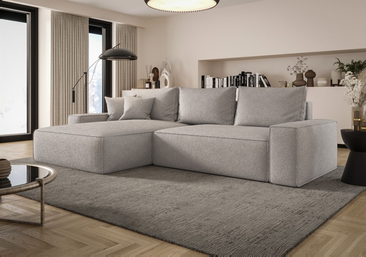 Ecksofa Schlafsofa Sofa WALKEN Stoff Aragon Hellgrau Ottomane Links