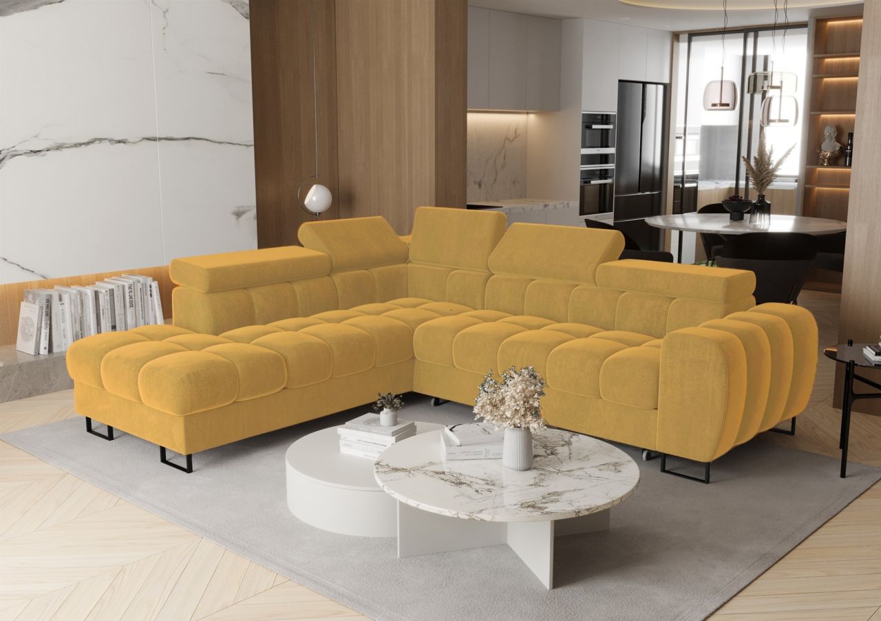 Ecksofa Schlafsofa BASTIEN MAX in Stoff Terra Honiggelb Ottomane Links