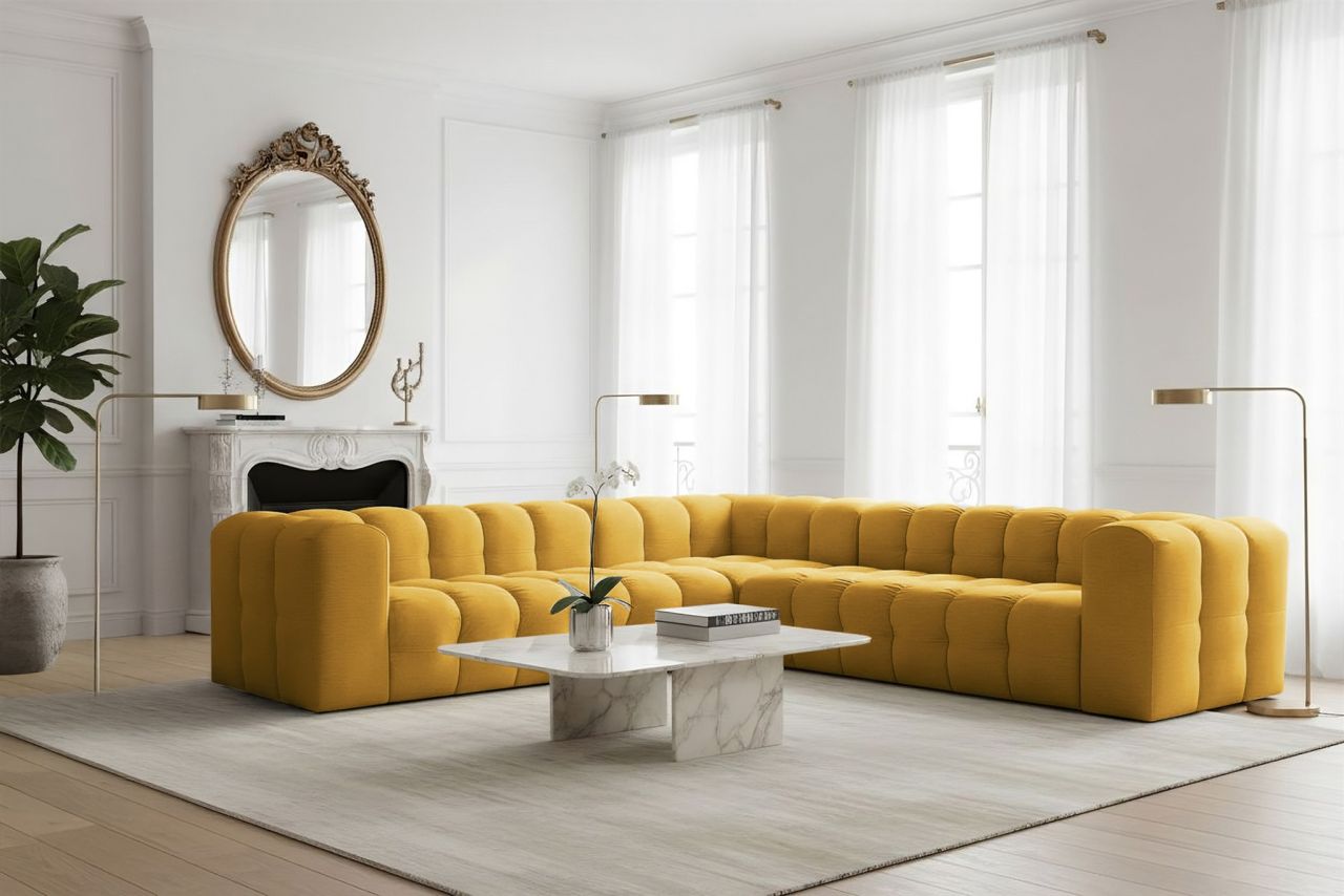 Ecksofa ersofa SOLVIE in Stoff Tiffani Honiggelb Seite Universal