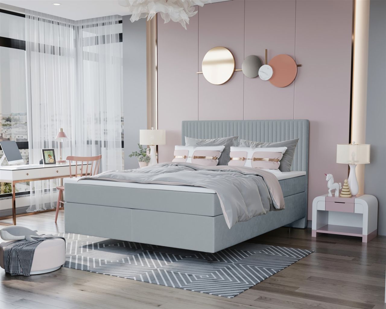 Boxspringbett Schlafzimmerbett ROCIO Nr.2 Delux 140x200cm in Stoff Hellgrau