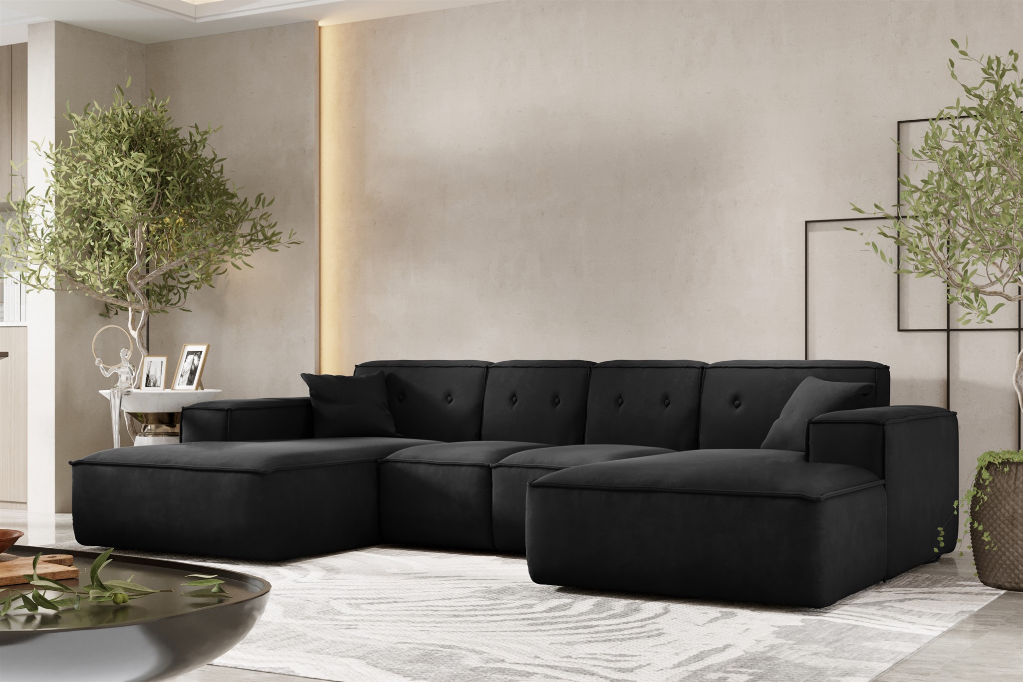 Wohnlandschaft Sofa U-Form CESINA XS in Stoff Opera Velvet Schwarz | Wohnlandschaft | Serie-CESINA | Polstermöbel-Serie | Polstermöbel