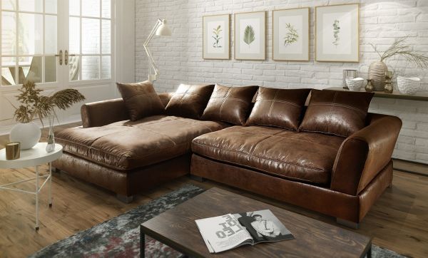 Couchgarnitur TIZIAN L-Form in Wildlederoptik- Braun /Ottomane Links