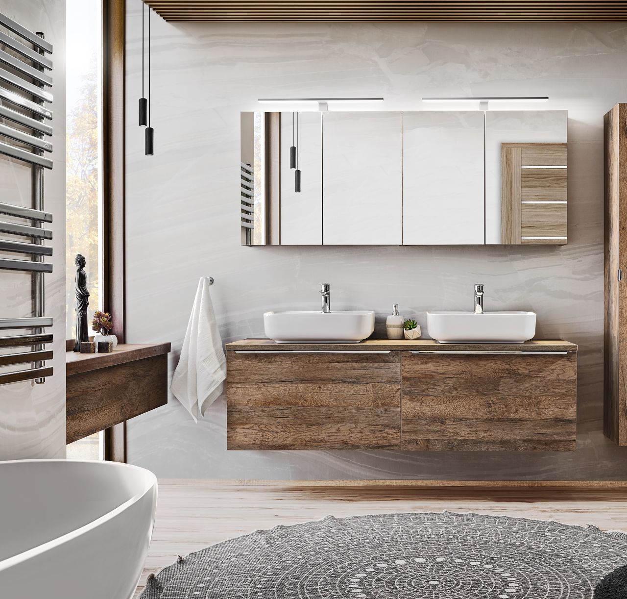 Badmöbel Set 4-tlg Badezimmerset AKAN Vintage Eiche ohne Waschtisch