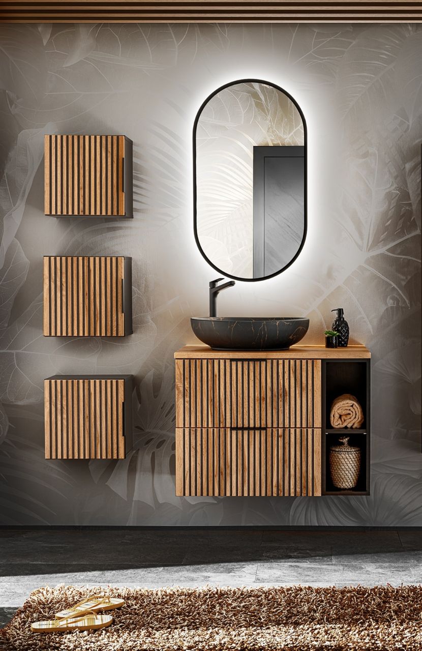 Badmöbel Set 6-tlg Badezimmerset ARMON Wotan Eiche Schrank 80cm ohne Waschtisch