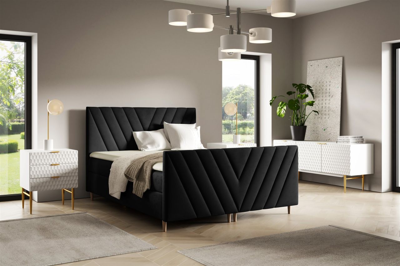 Boxspringbett Schlafzimmerbett CARLITO 140x200cm in Stoff Fresh Schwarz