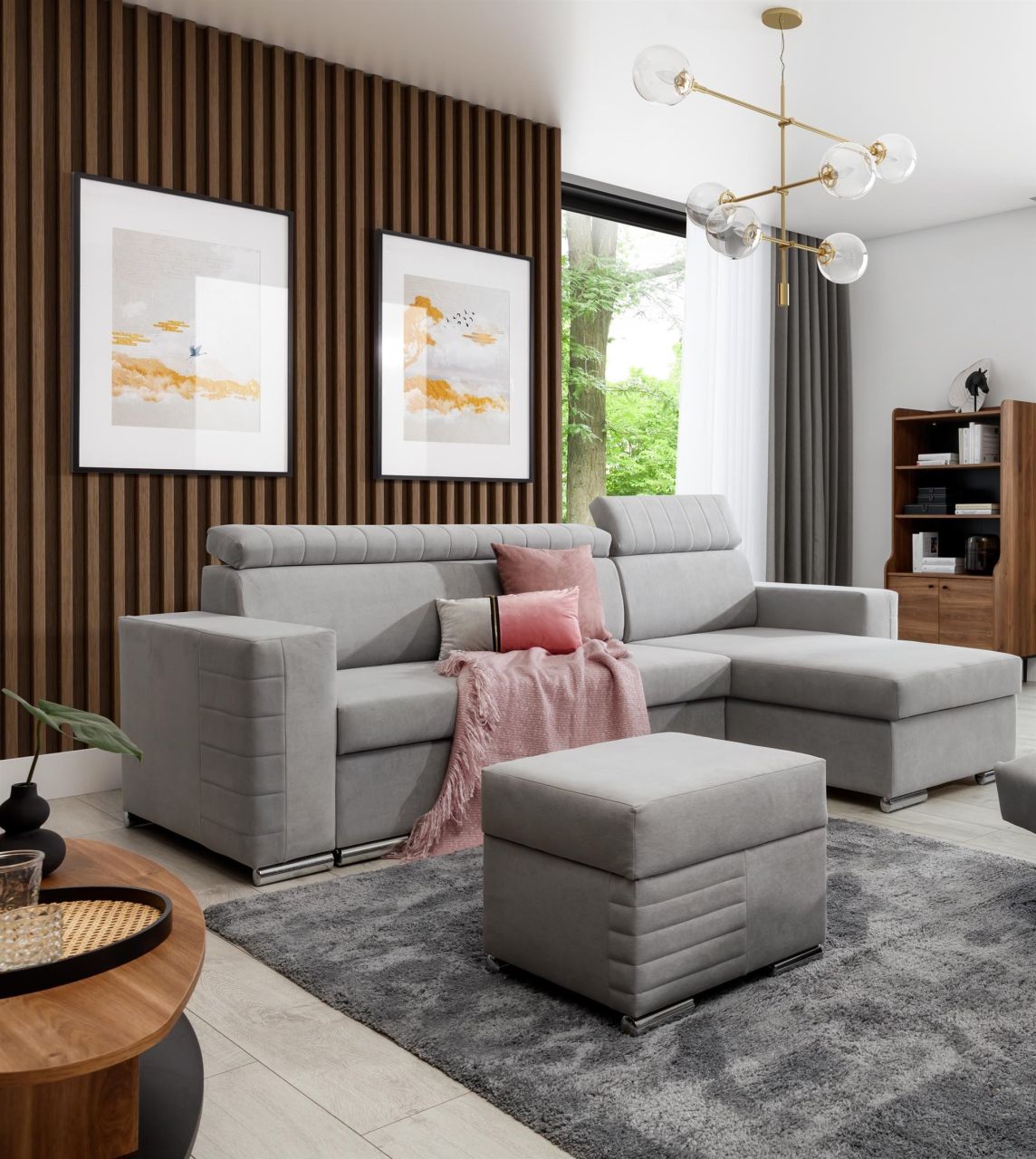 Ecksofa Schlafsofa inkl. Hocker CANTON Stoff Camelia Hellgrau Ottomane Rechts