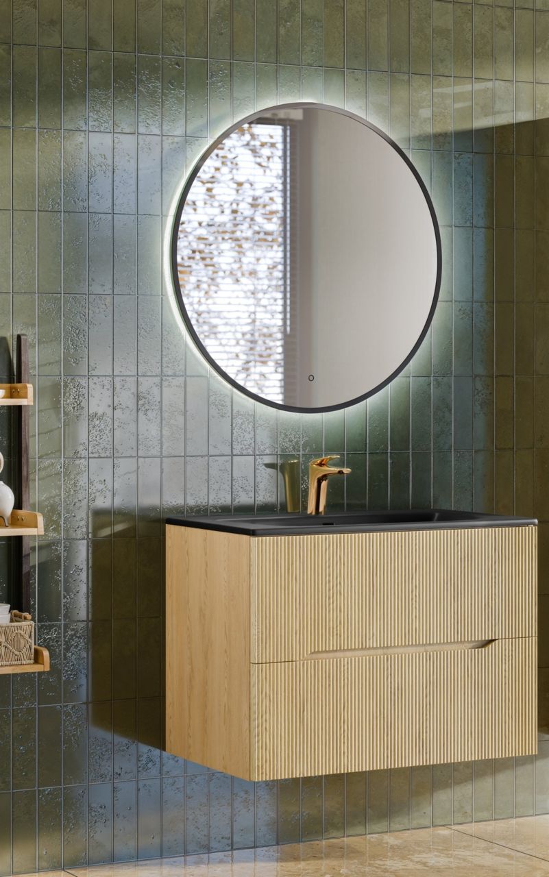 Badmöbel Set 2-tlg Badezimmerset AVOLI Cremona Eiche Spiegel Schwarz inkl. Wa...