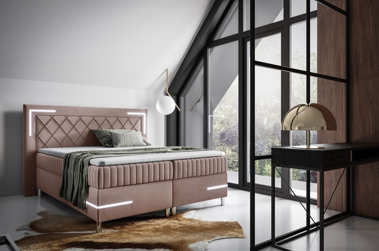 Boxspringbett Schlafzimmerbett 160x200cm AMORE Nr.3 Altrosa inkl. LED-Beleuch...