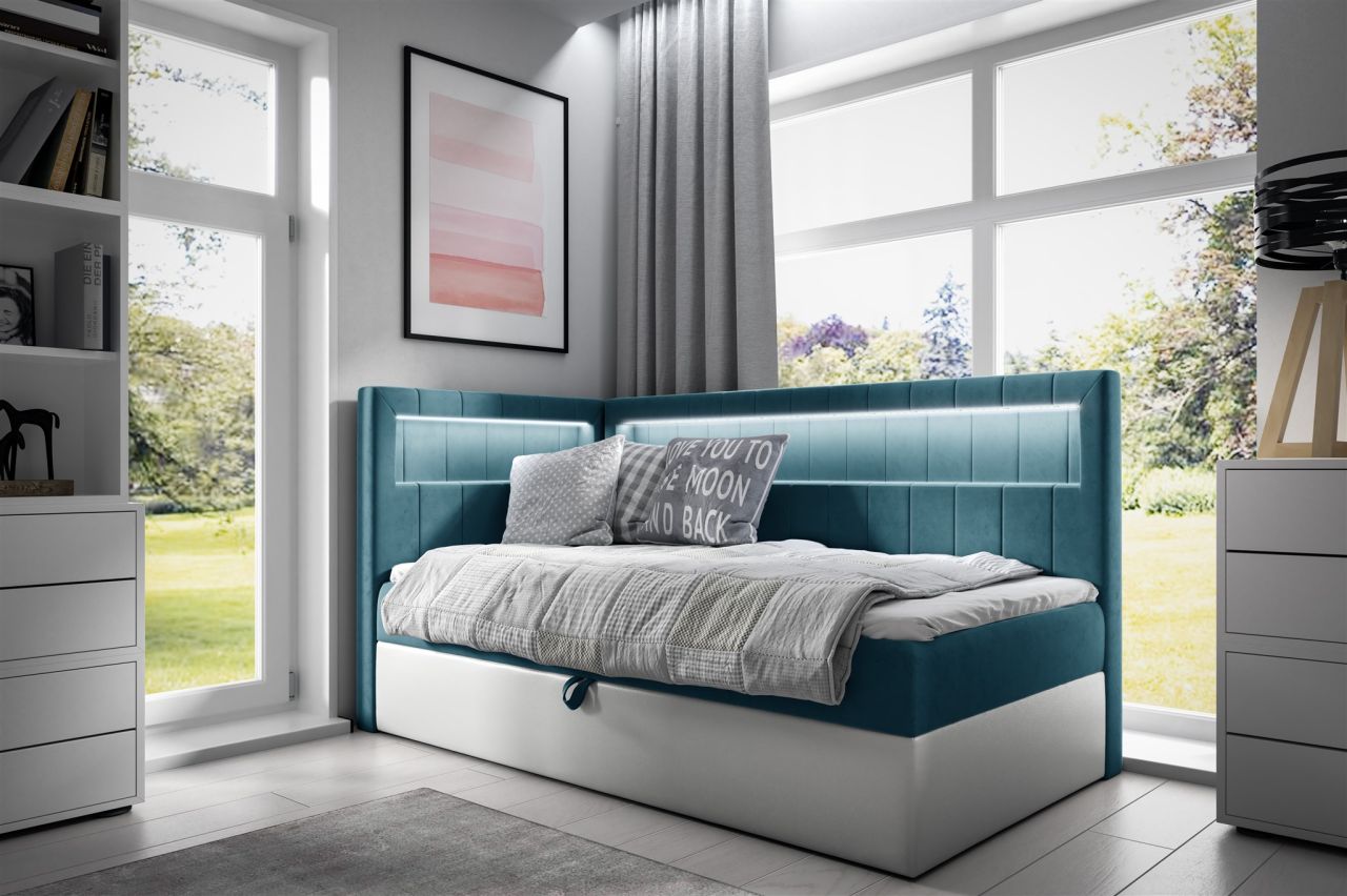 Boxspringbett Gästebett Kinderbett FABIAN Nr.3 100x200cm Weiss-Türkis Seite L...