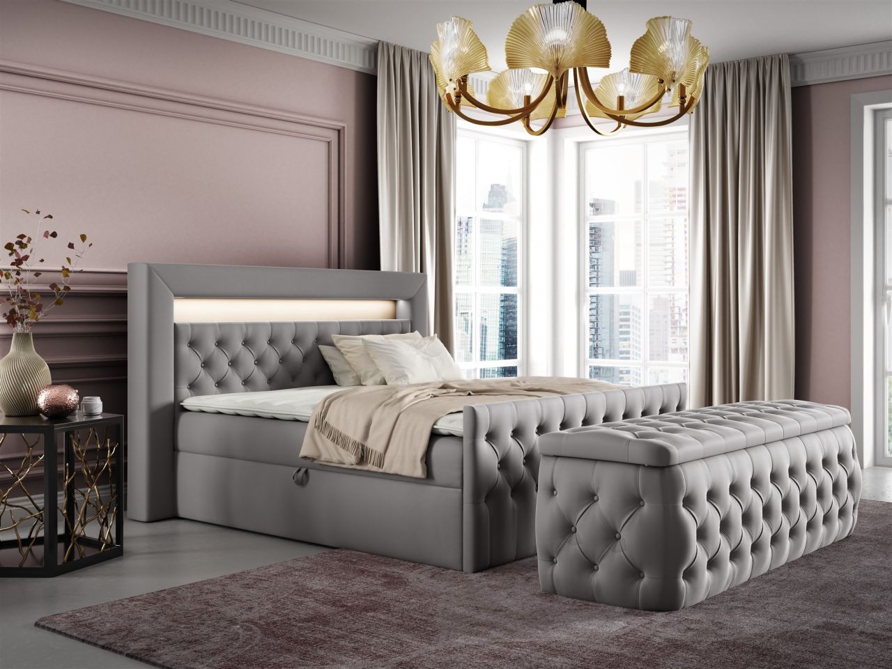 Boxspringbett Schlafzimmerbett ERNESTO Nr.3 160x200cm in Elisa Velvet Hellgrau