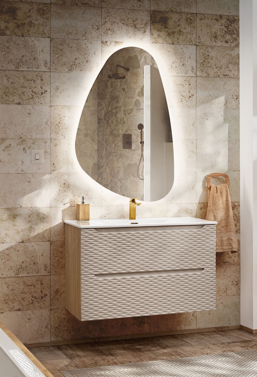 Badmöbel Set 2-tlg Badezimmerset LAXY Eiche Beige Schrank 80cm inkl. Waschtisch