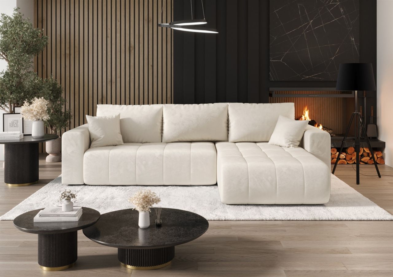 Ecksofa Schlafsofa CAMILA Stoff Monolith Creme Ottomane Rechts
