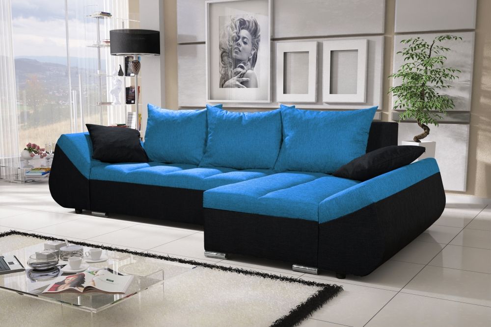 OUTLET Ecksofa Sofa KLEO mit Schlaffunktion Schwarz-Blau Ottomane Rechts