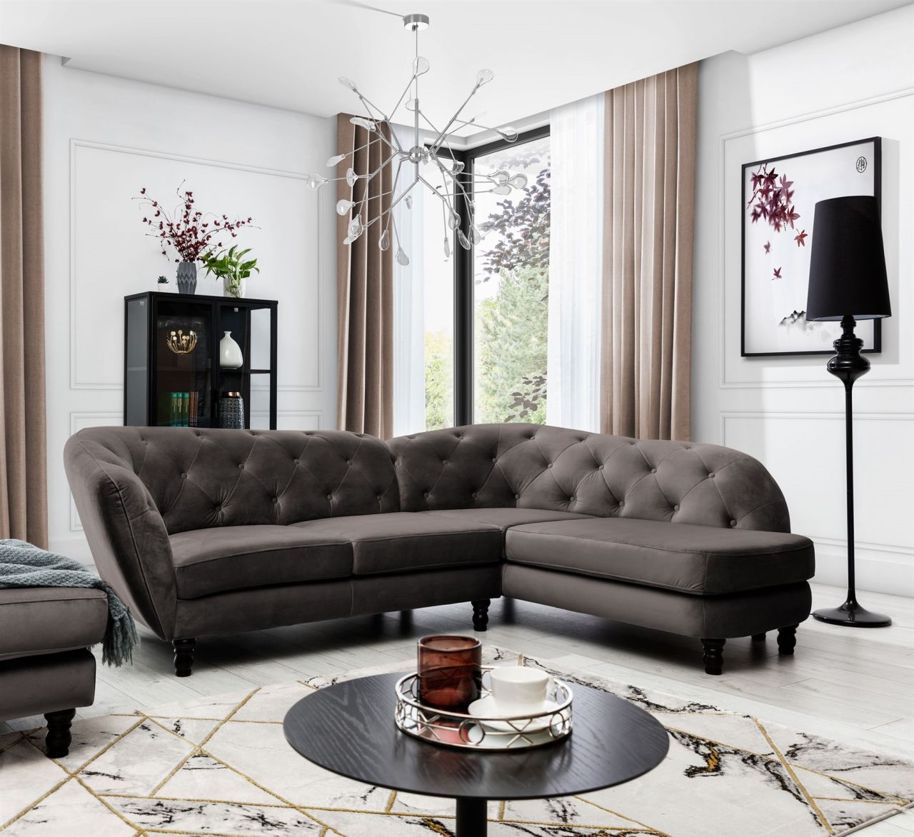 Ecksofa ersofa CHARLOTTE in Stoff Matt Velvet Braun Ottomane Rechts