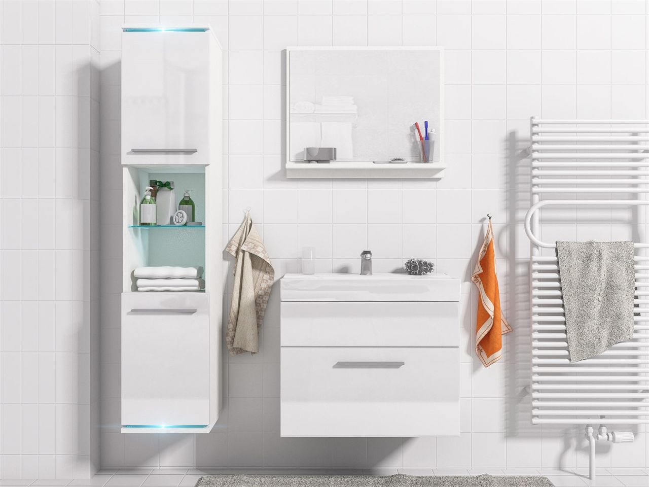 Badmöbel Set 4-Tlg Weiss Hochglanz TOPI inkl.Waschtisch inkl.LED
