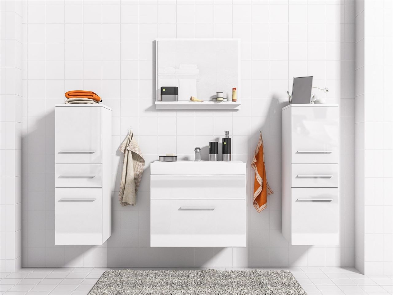 Badmöbel Set 5-Tlg Weiss Hochglanz LIVO XS inkl.Waschtisch