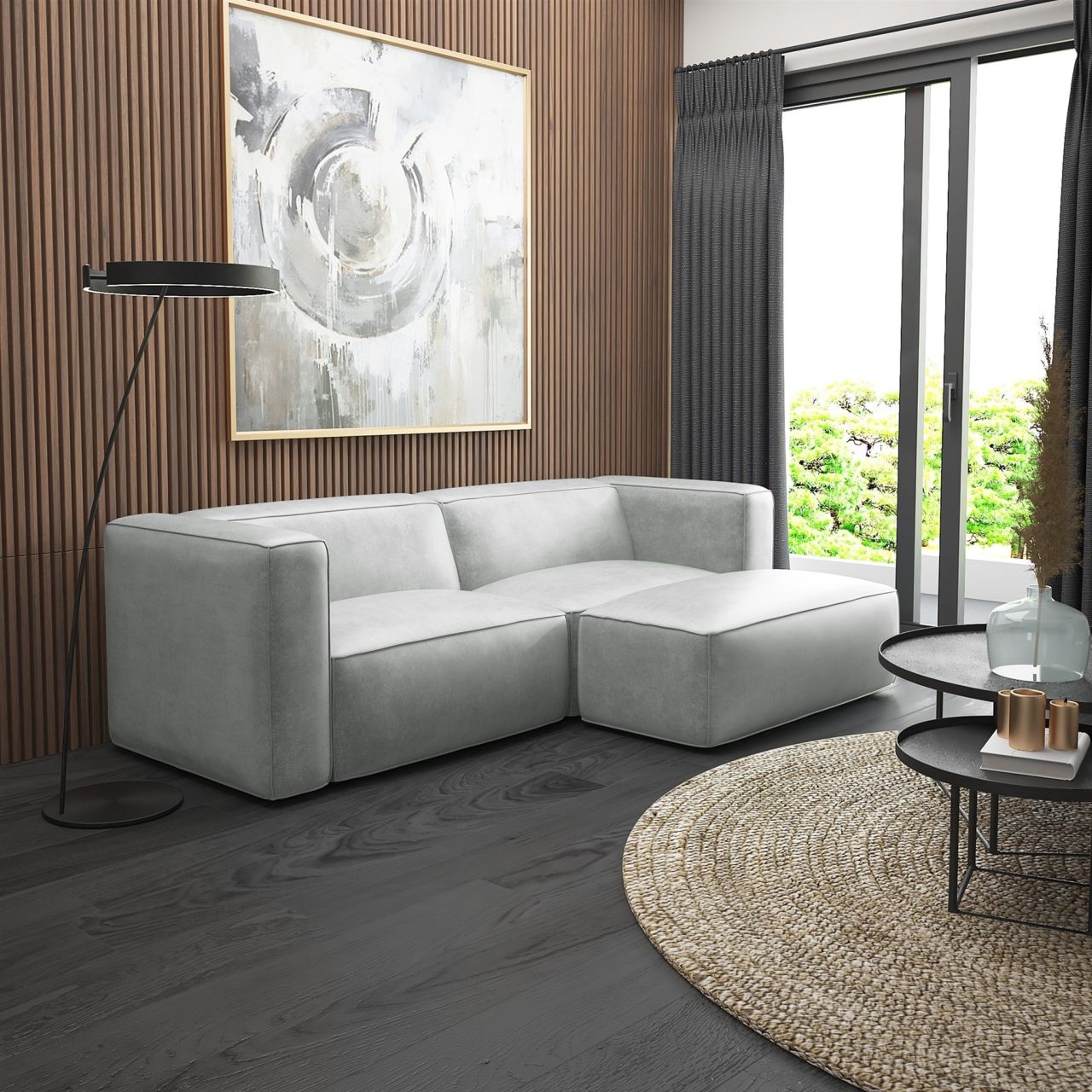 Ecksofa ersofa Sofa HELMER XS in Stoff Pola Silbergrau Ottomane Rechts