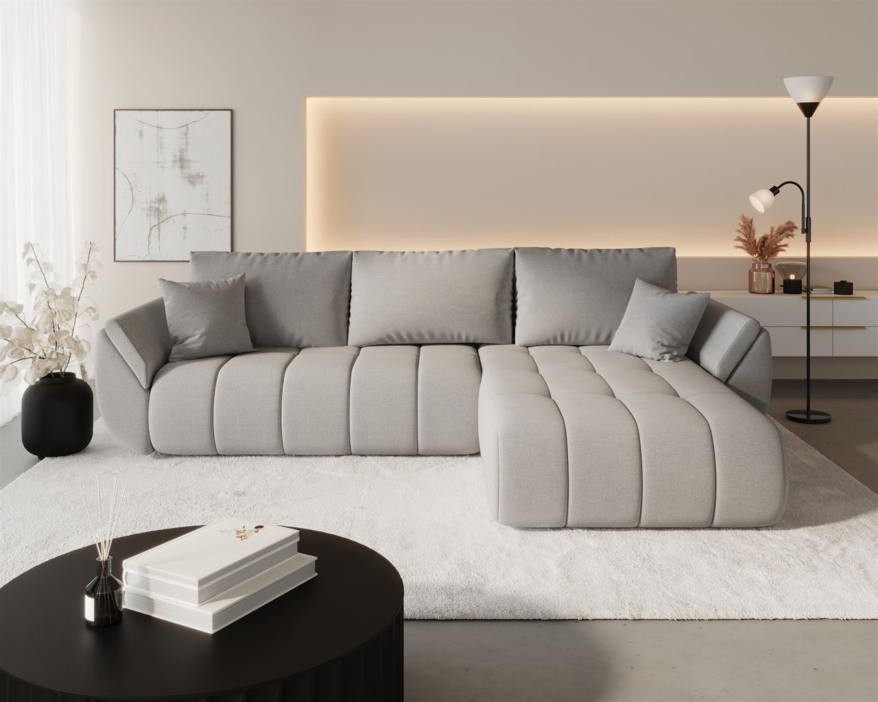 Ecksofa Schlafsofa MISATO Stoff Wind Hellgrau Ottomane Rechts