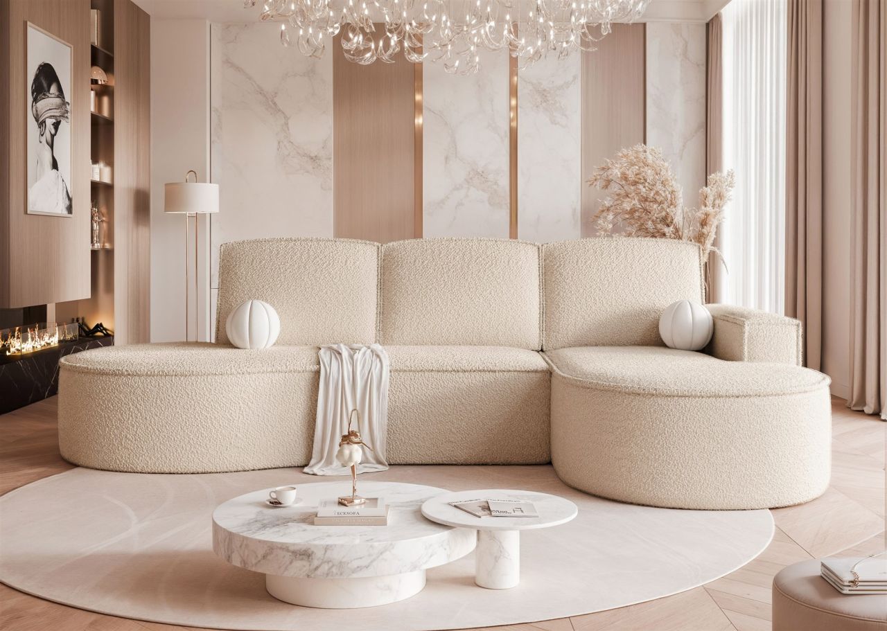 Ecksofa Schlafsofa Sofa ARLET in Stoff Abriamo Hellbeige Ottomane Rechts