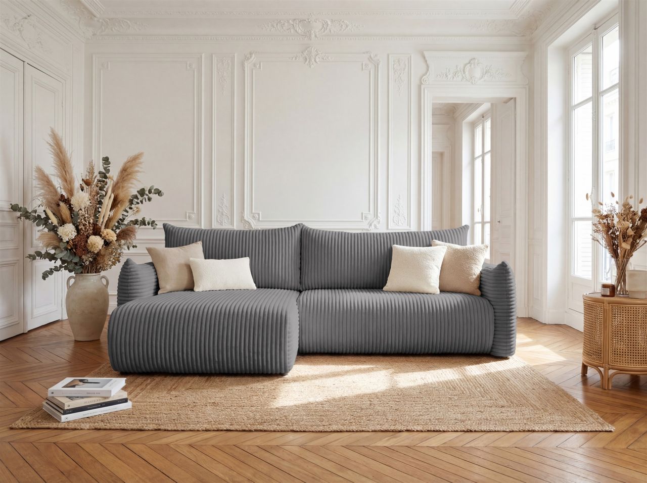 Ecksofa Schlafsofa MAILAND in Stoff Tilia Dunkelgrau Ottomane Links
