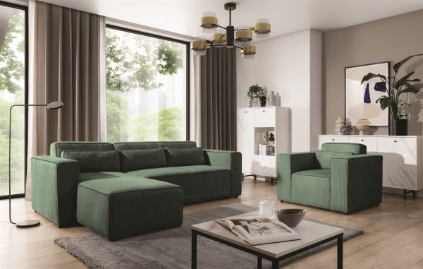 Ecksofa Schlafsofa inkl. Sessel WALDO Stoff Poso Grün Ottomane Links | Couchgarnituren | Polstermöbel