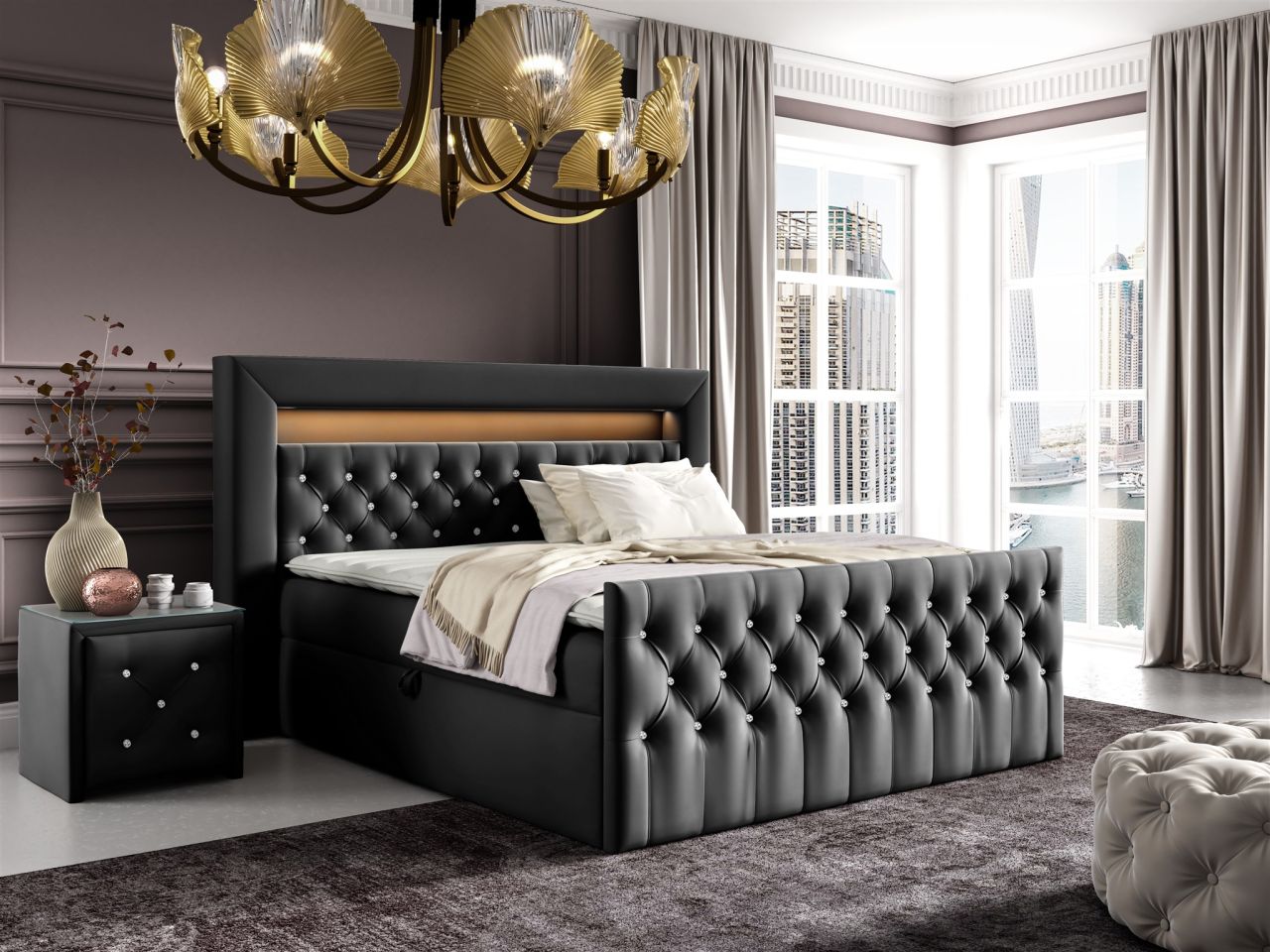 Boxspringbett Schlafzimmerbett SEVRA Nr.1 160x200cm in Elisa Velvet Schwarz