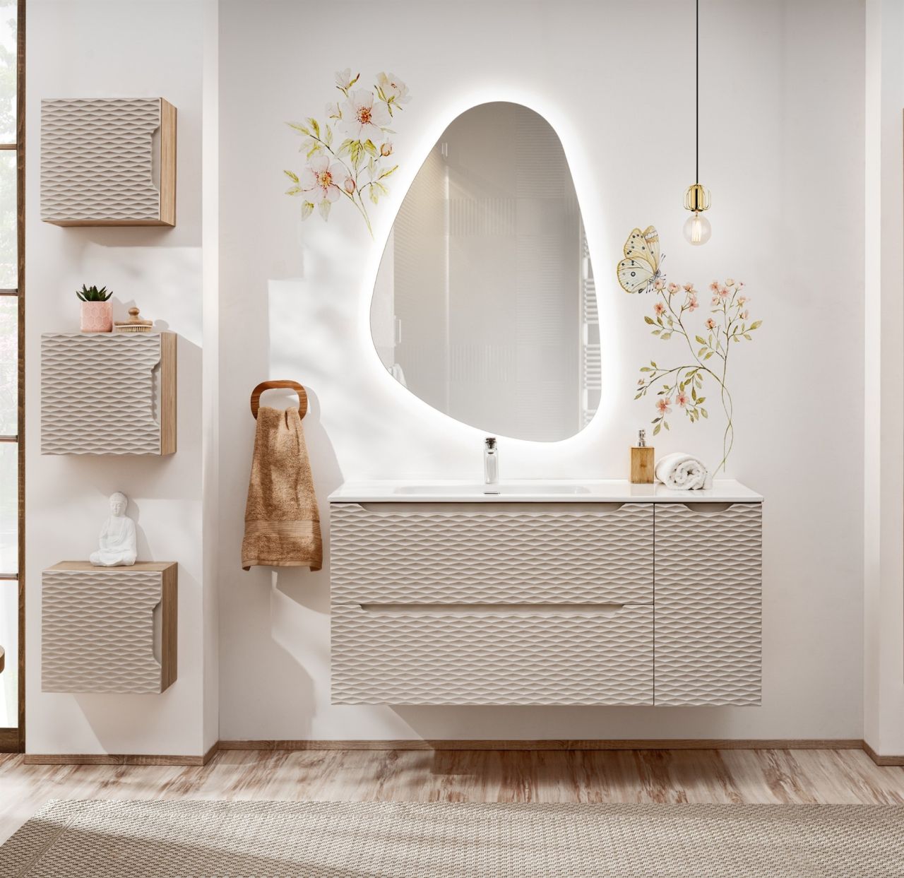 Badmöbel Set 6-tlg Badezimmerset LAXY Eiche Beige Regal rechts inkl. Waschtisch